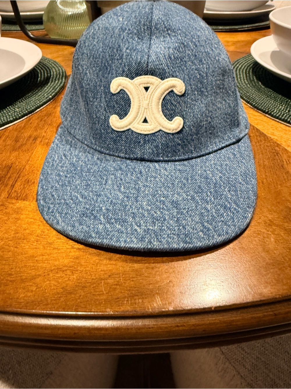 Celine Triumph Blue Denim Baseball Cap with Cream Logo
